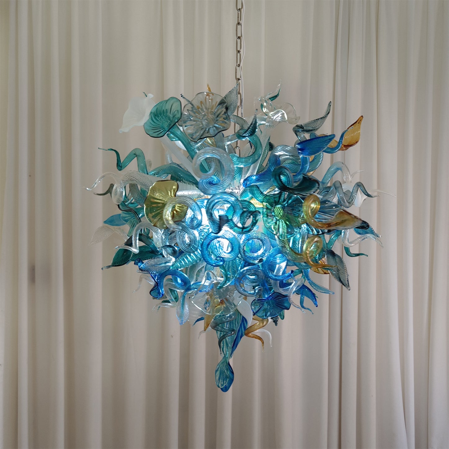 Chihuly style hand made blown glass mixed blue color chandelier ligthing art