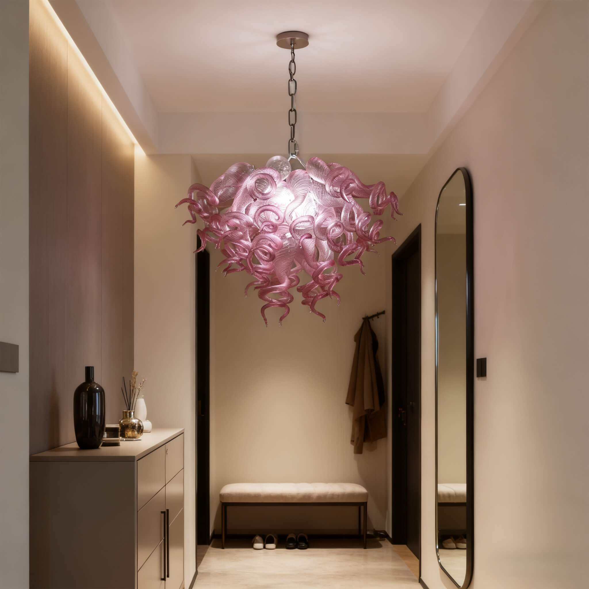 blown glass pink chandelier