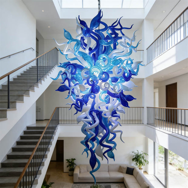 Blue color hand made DIY blown glass chihuly type chandelier stairwell decoration