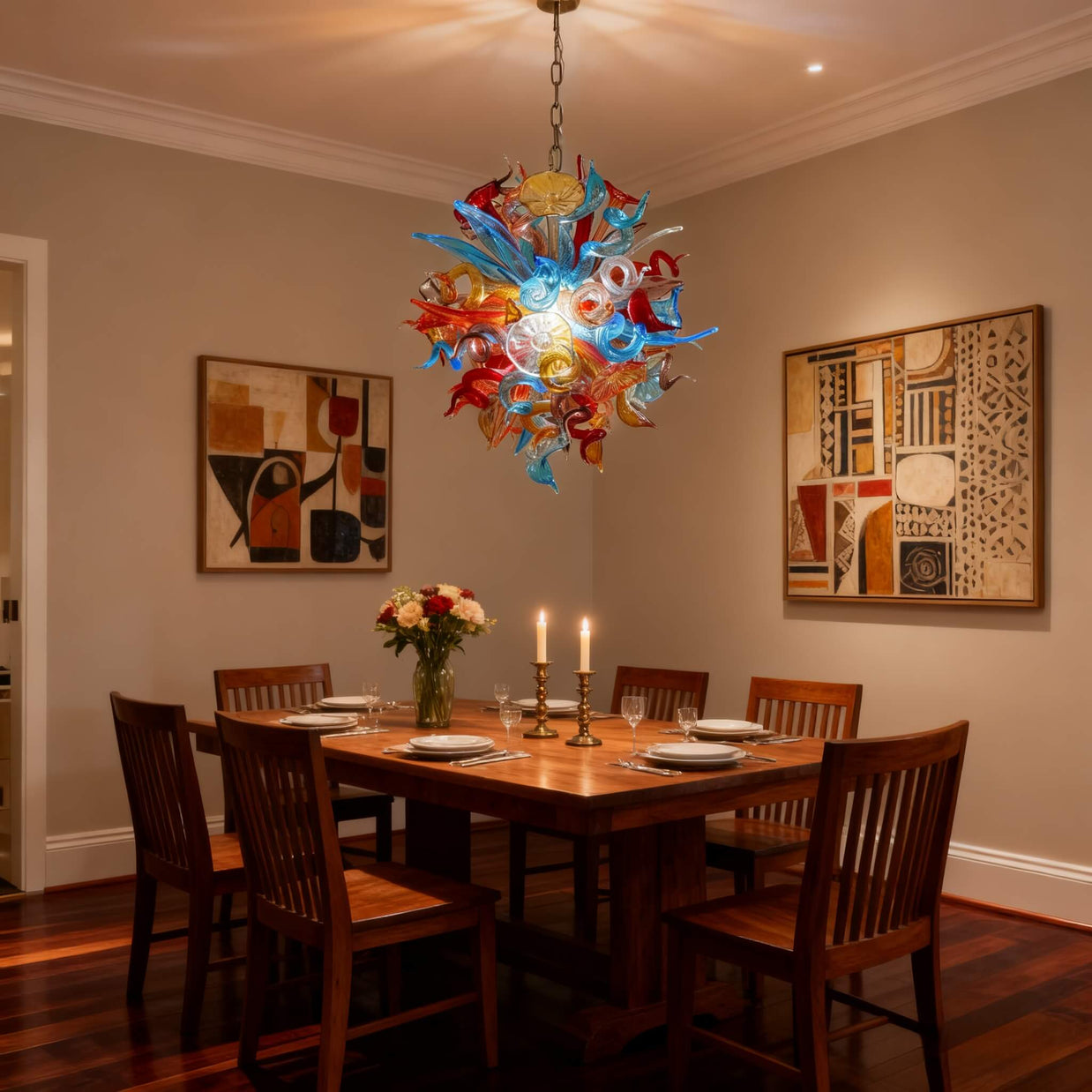 blown glass colorful flower chandelier