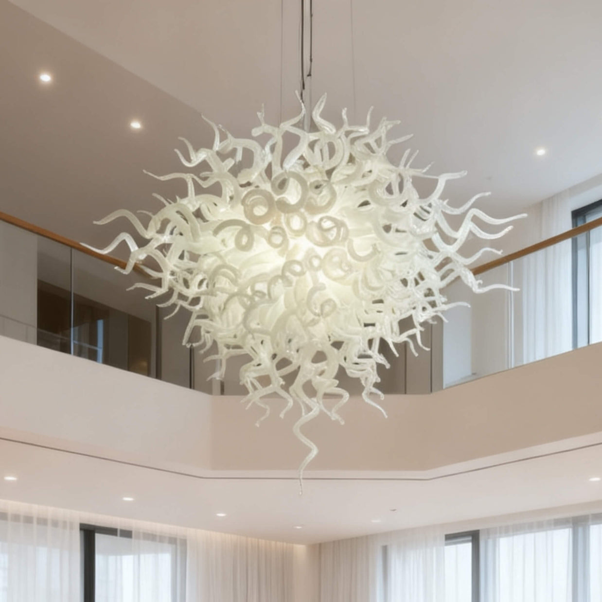 Egg white blown glass art chandelier