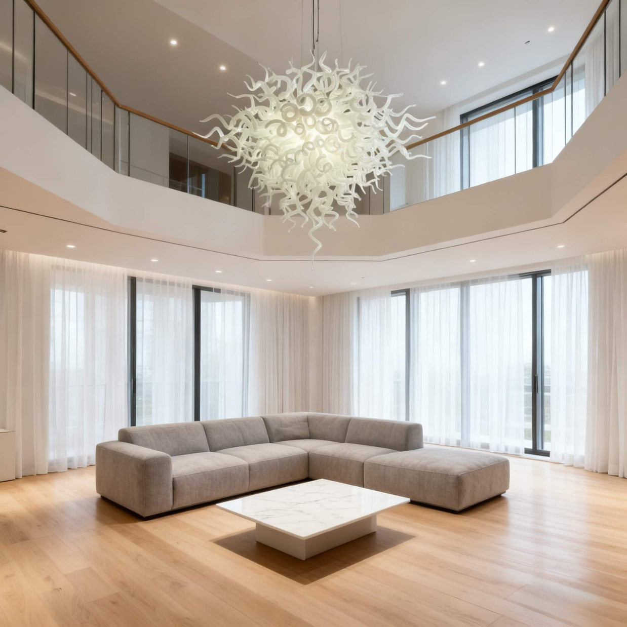 Egg white blown glass art chandelier