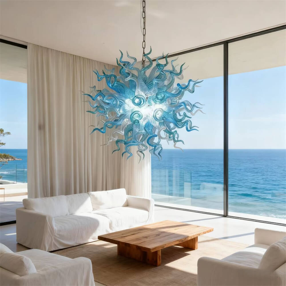 ocean blue blown glass chandelier