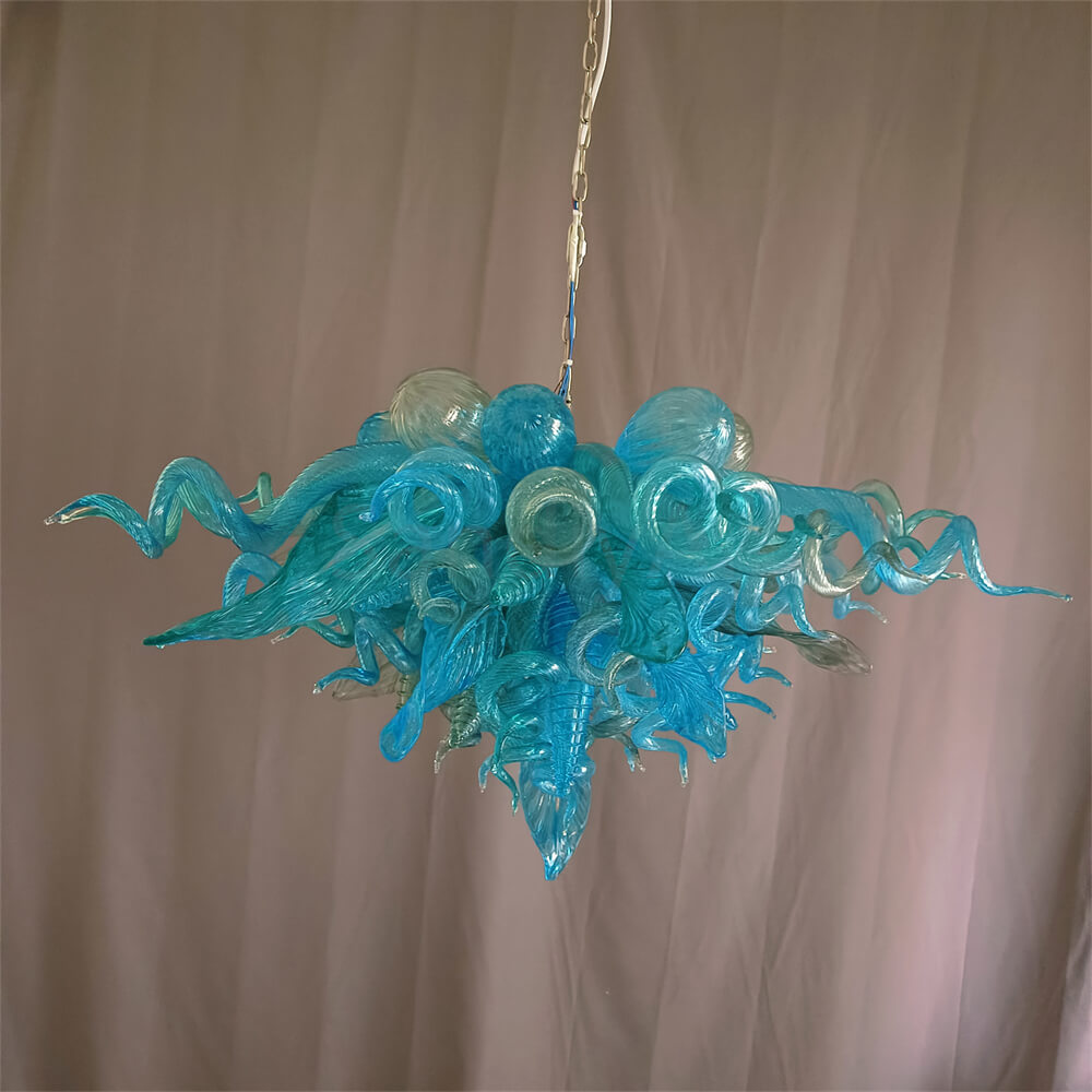 Handblown glass chandelier sea blue color for dining room
