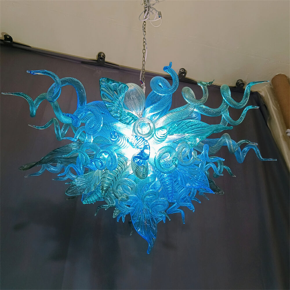 Handblown glass chandelier sea blue color for dining room