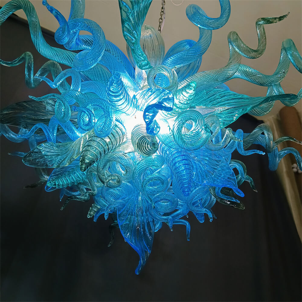 Handblown glass chandelier sea blue color for dining room