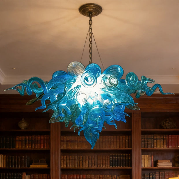 Handblown glass chandelier sea blue color for dining room