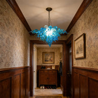 Handblown glass chandelier sea blue color for dining room