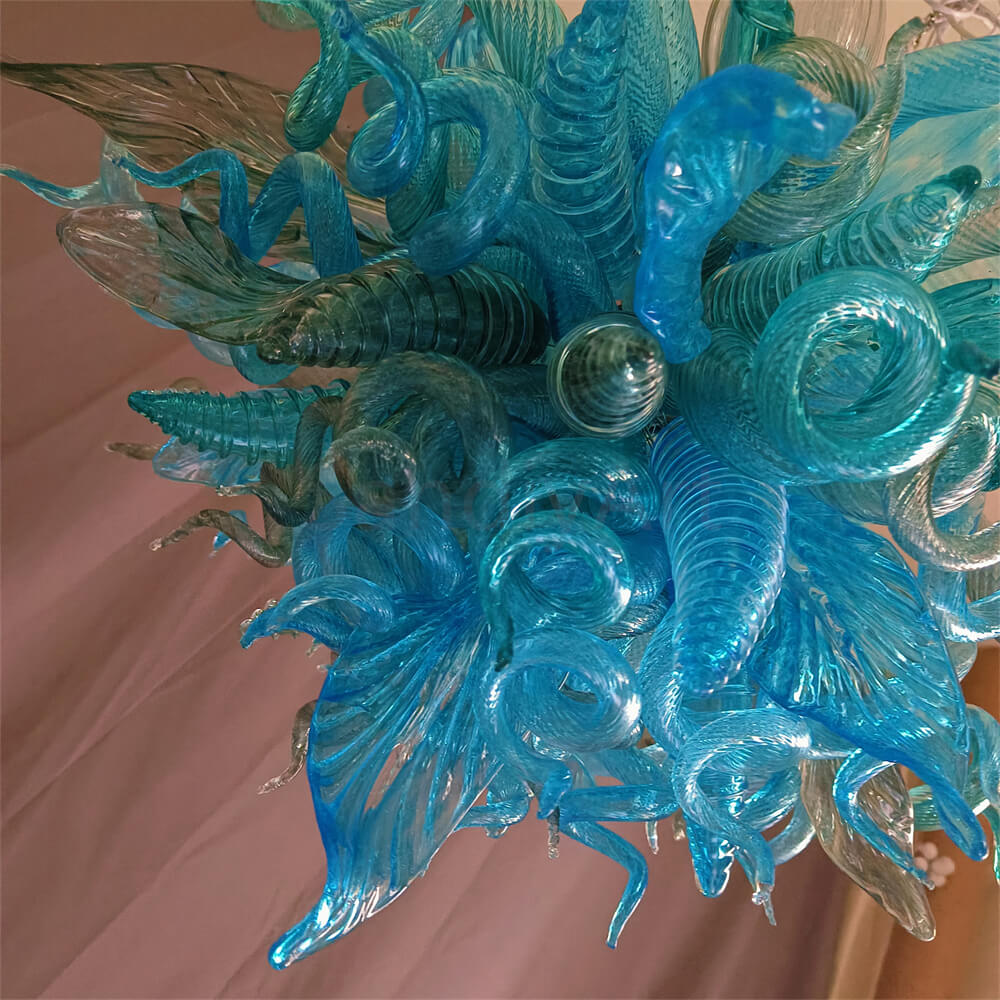 Handblown glass chandelier sea blue color for dining room