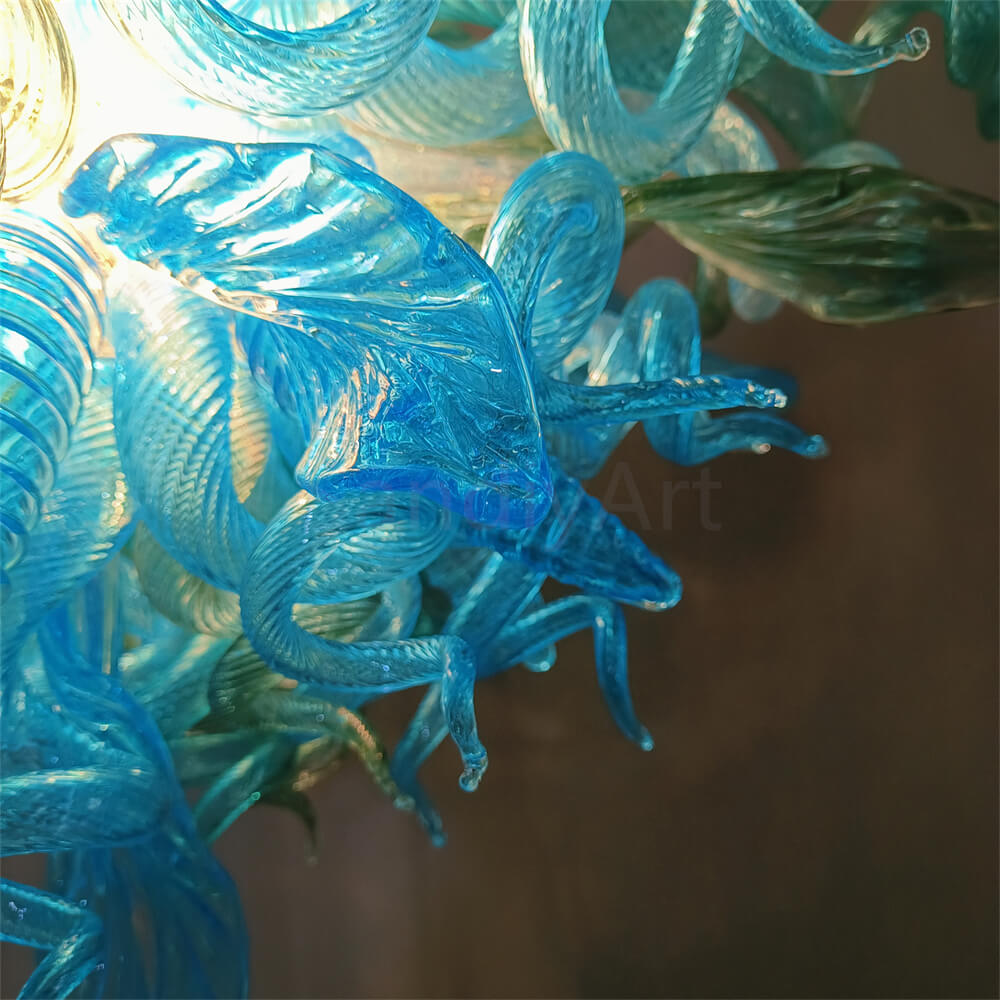 Handblown glass chandelier sea blue color for dining room