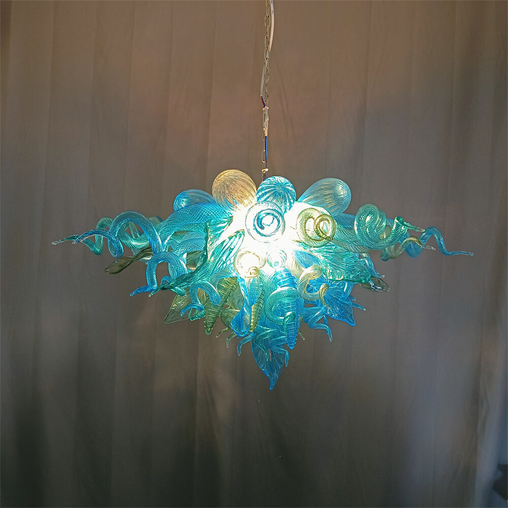 Handblown glass chandelier sea blue color for dining room