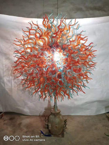 Light blue and orange color hand made blown murano glass sculpture chihuly style garden decoration