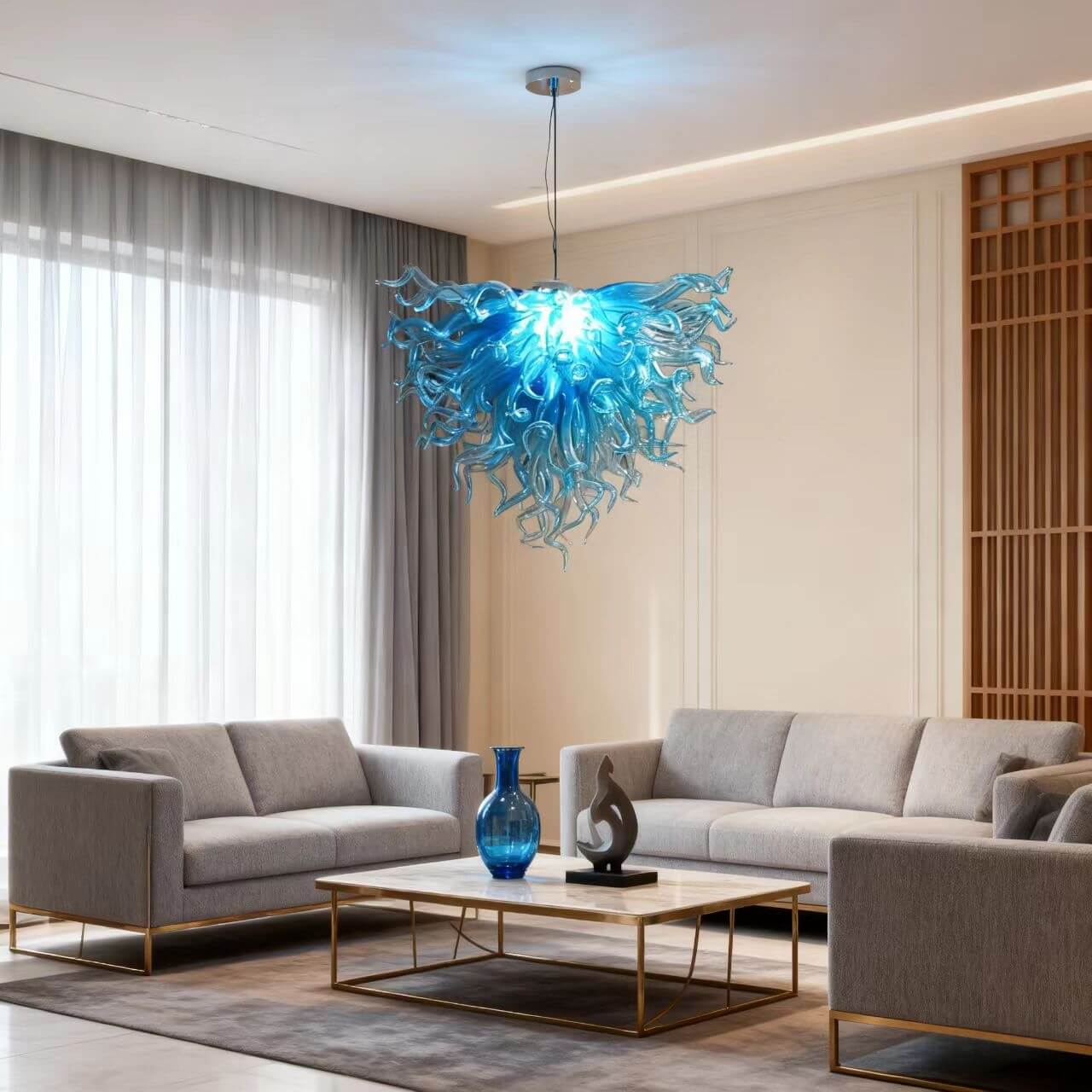 Ocean blue blown glass chandelier