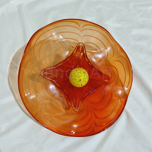 Orange color hand made blown glass flower wall decoration come with metal parts