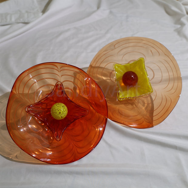 Orange color hand made blown glass flower wall decoration come with metal parts