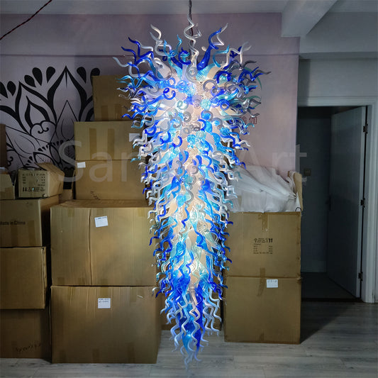 White and blue, grey color mixed blown glass big chandelier for hotel lighting decoration