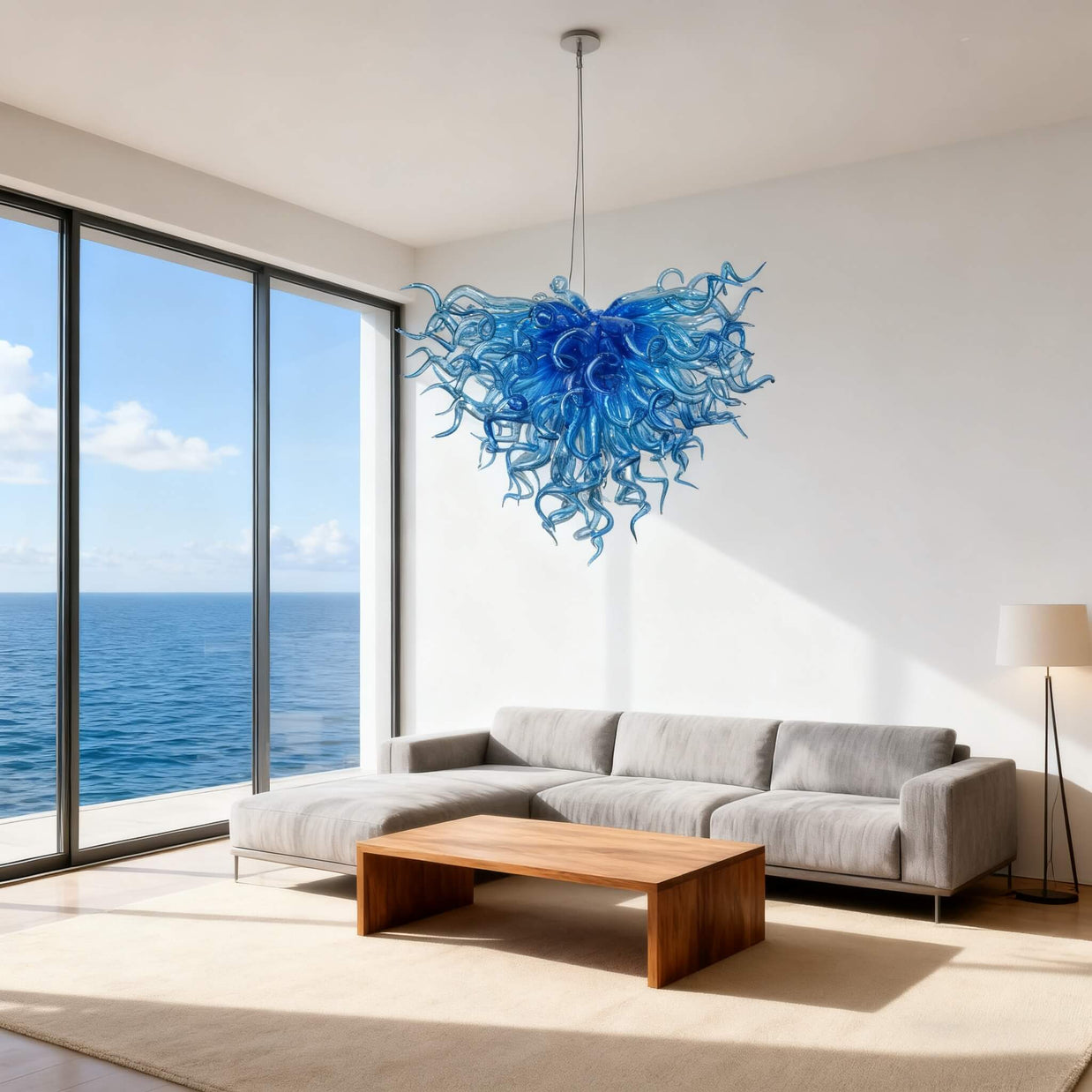 blue chihuly blown glass chandelier
