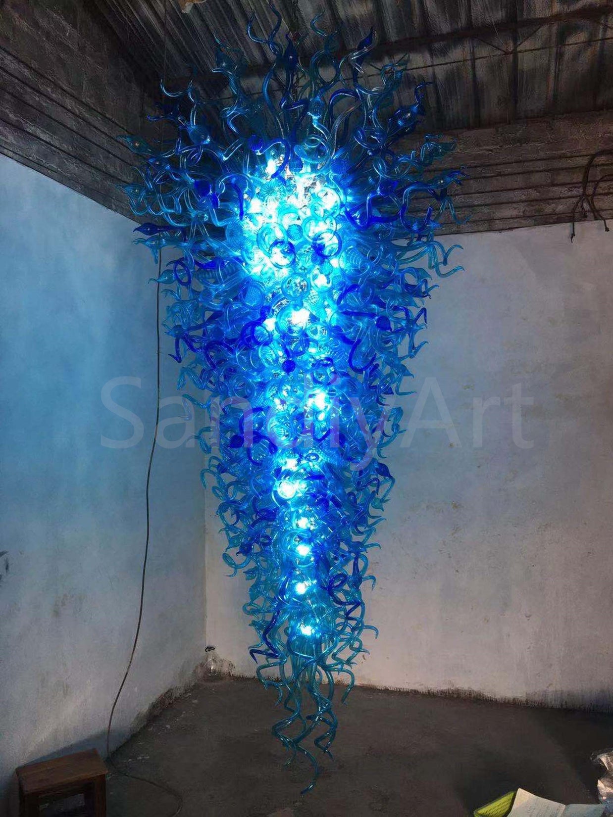 300cm tall hotel chandelier bule color hand made blown glass made Inspired by Chihuly