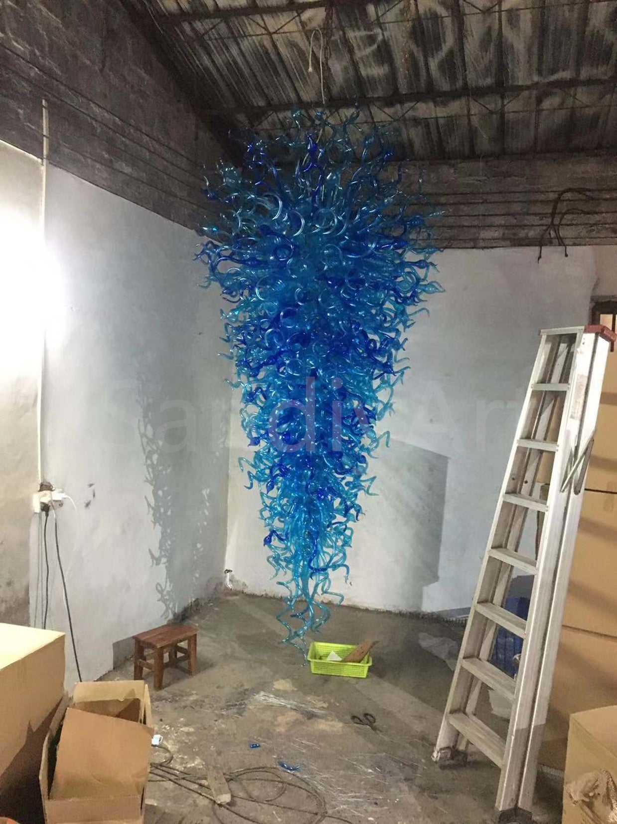 300cm tall hotel chandelier bule color hand made blown glass made Inspired by Chihuly