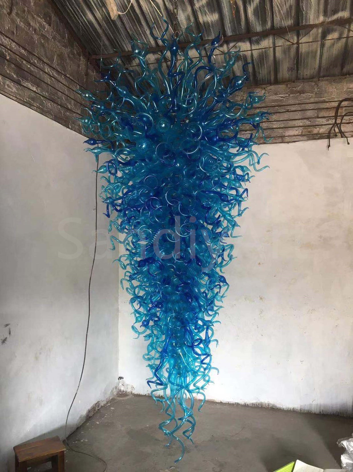 300cm tall hotel chandelier bule color hand made blown glass made Inspired by Chihuly
