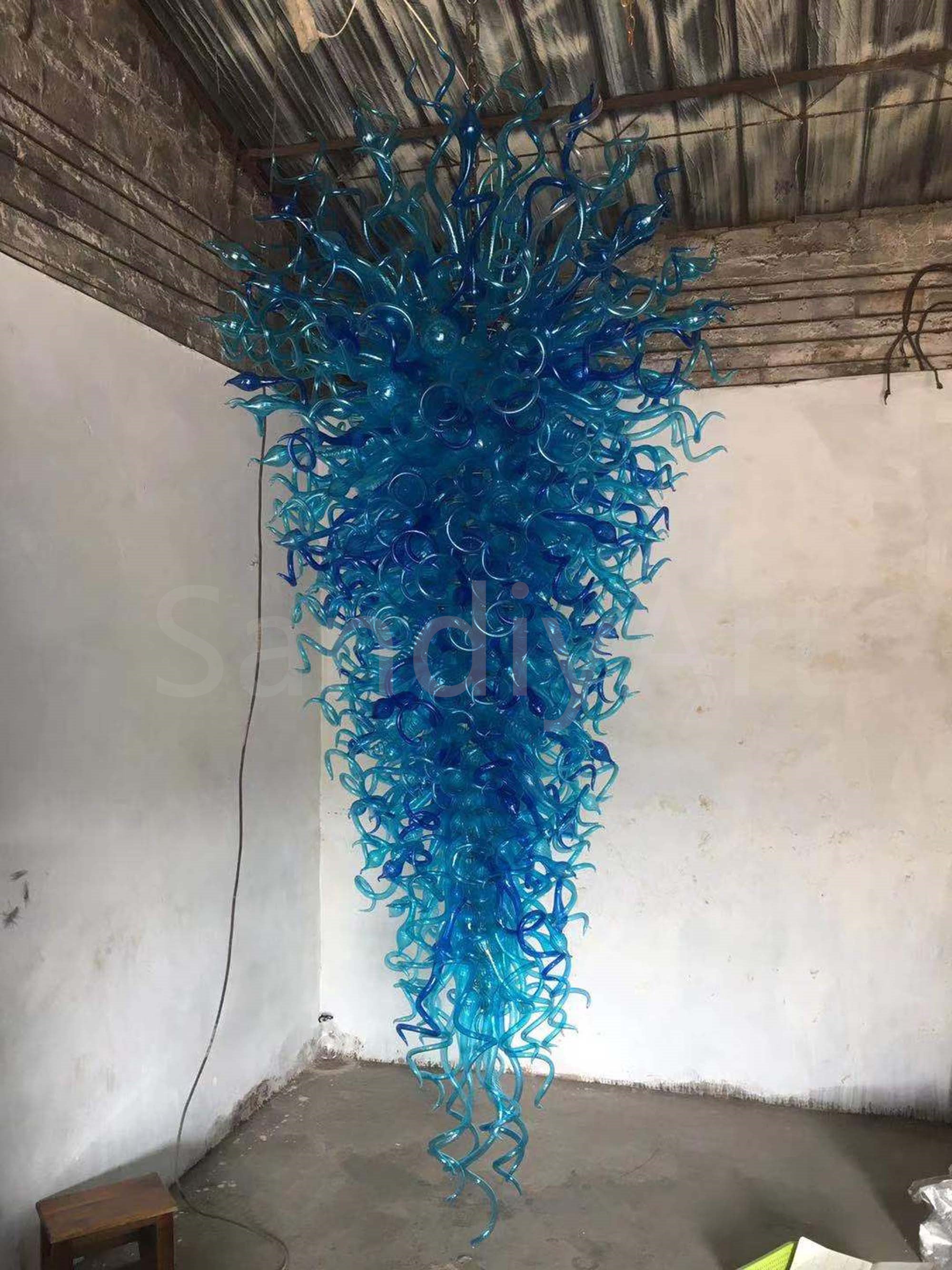 300cm tall hotel chandelier bule color hand made blown glass made Inspired by Chihuly
