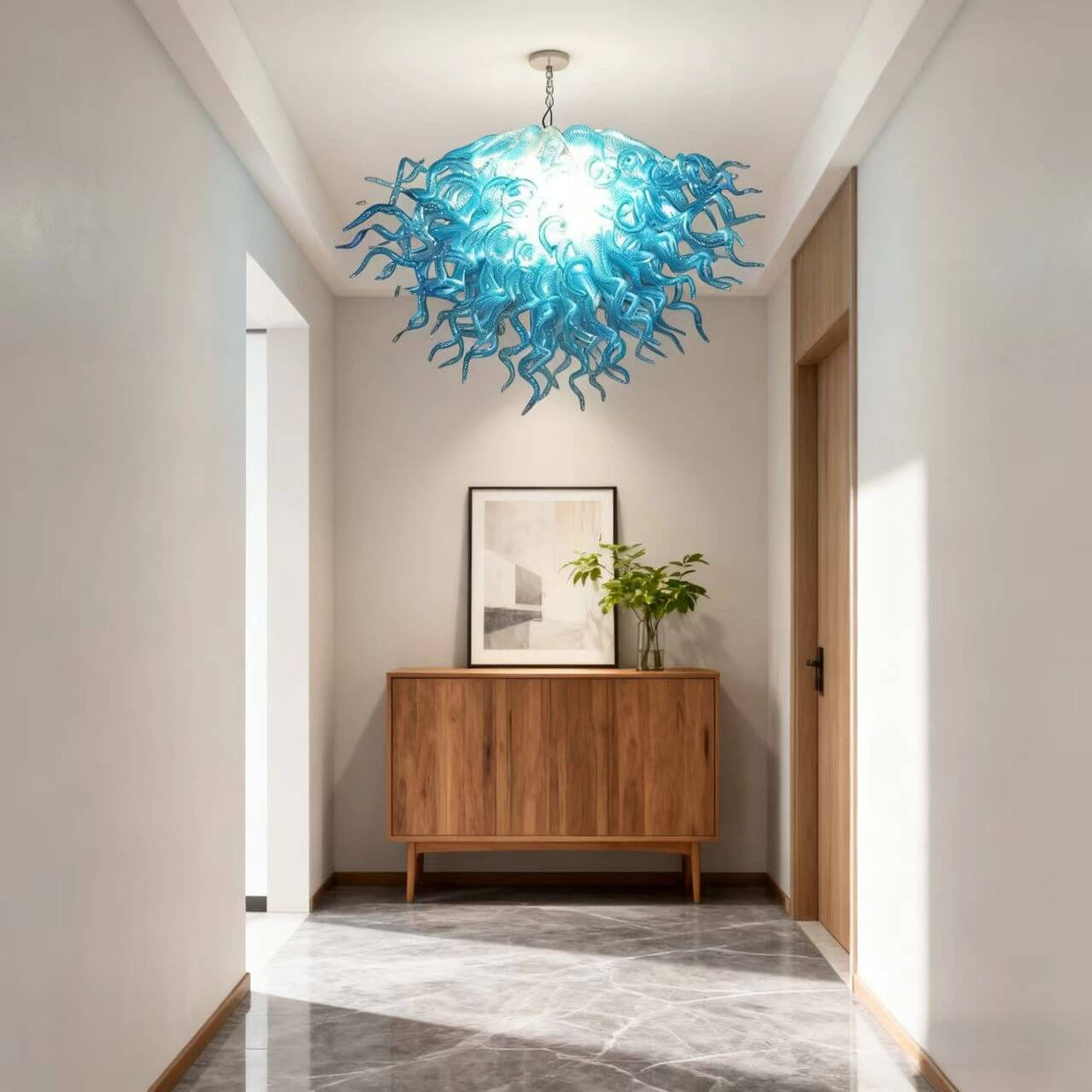 Hand made blown glass blue chandelier
