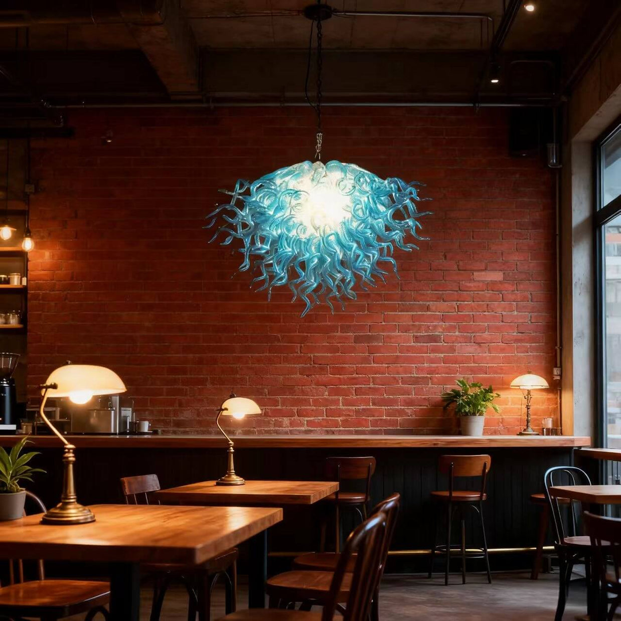 Hand made blown glass blue chandelier