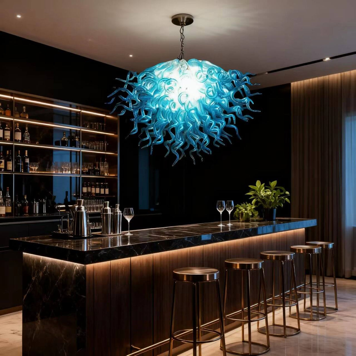 Hand made blown glass blue chandelier