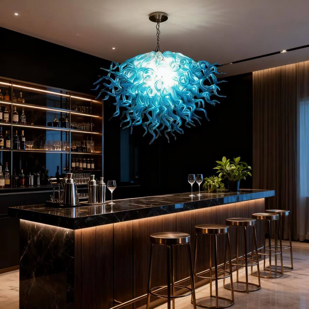 Hand made blown glass blue chandelier