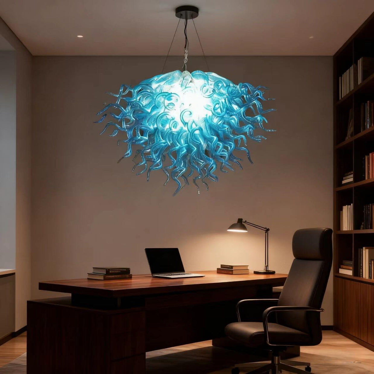 Hand made blown glass blue chandelier