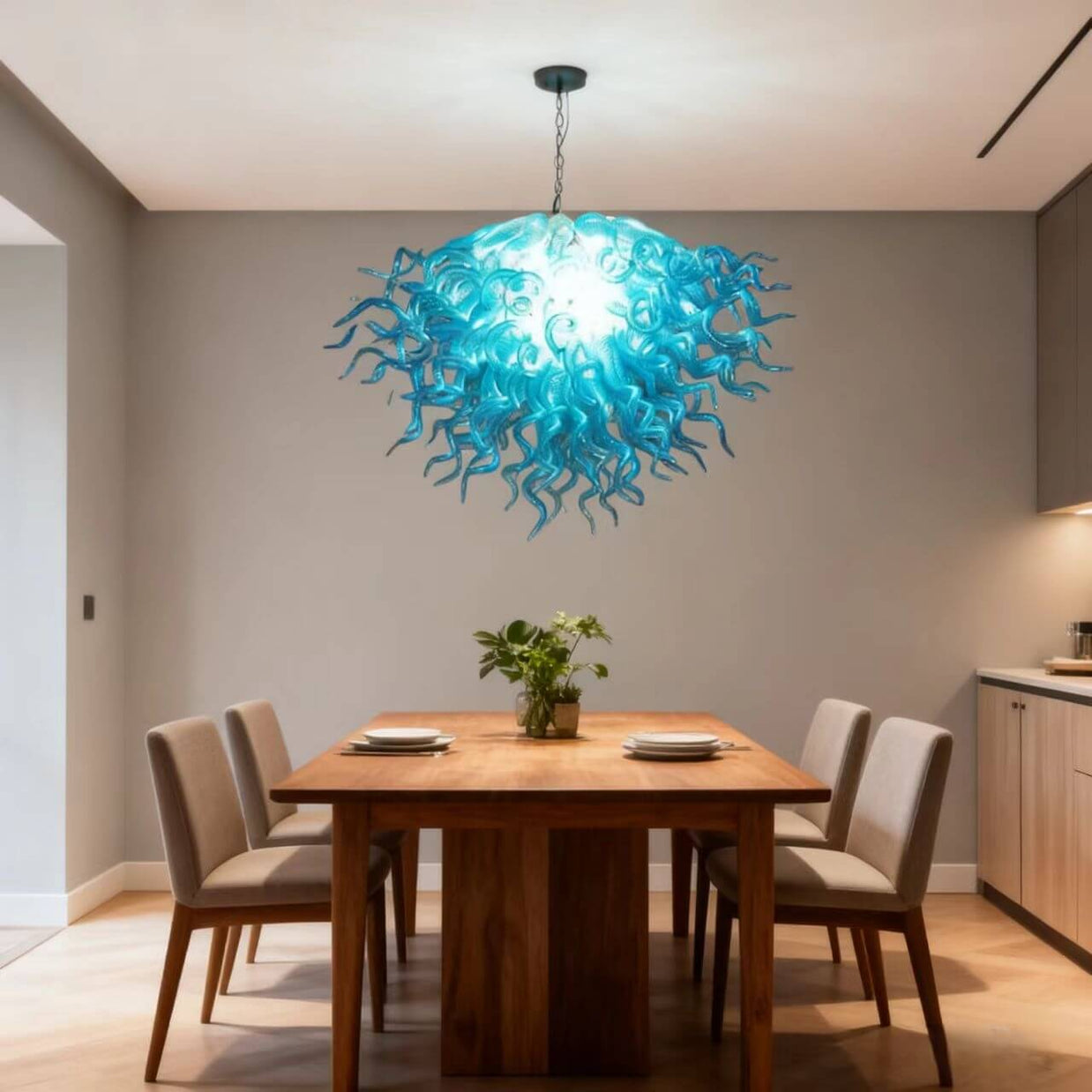 Hand made blown glass blue chandelier