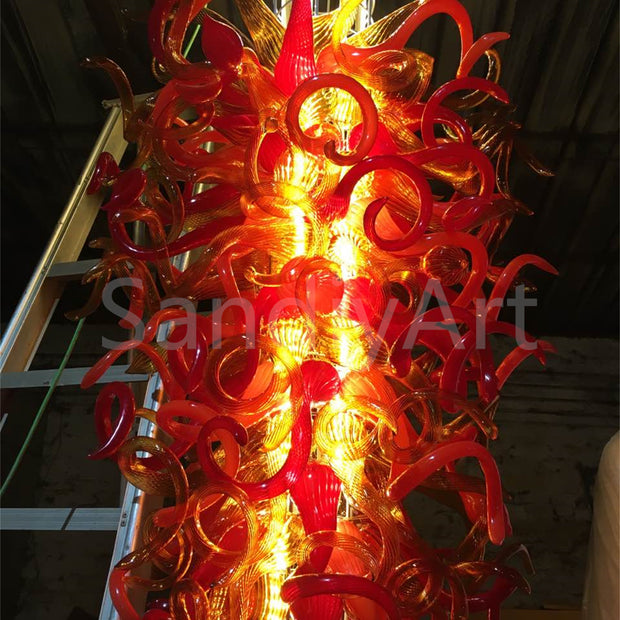 Flame Inspiration orange red and amber colors mixed blown glass big chandelier 366cm tall for hotel mall decoration