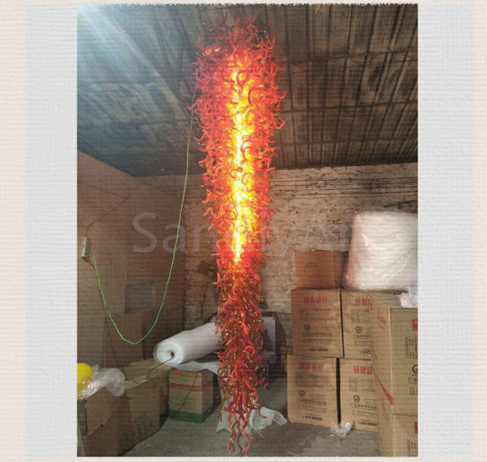 Flame Inspiration orange red and amber colors mixed blown glass big chandelier 366cm tall for hotel mall decoration
