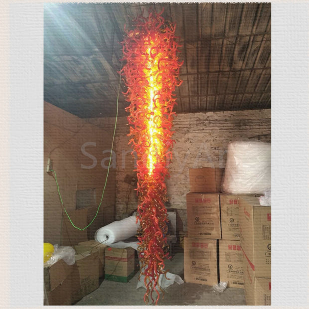 Flame Inspiration orange red and amber colors mixed blown glass big chandelier 366cm tall for hotel mall decoration