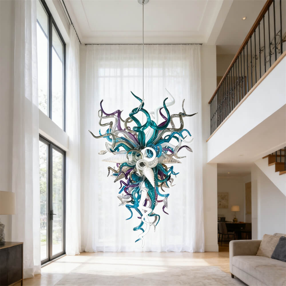 Chihuly style blown glass chandelier custom colors design