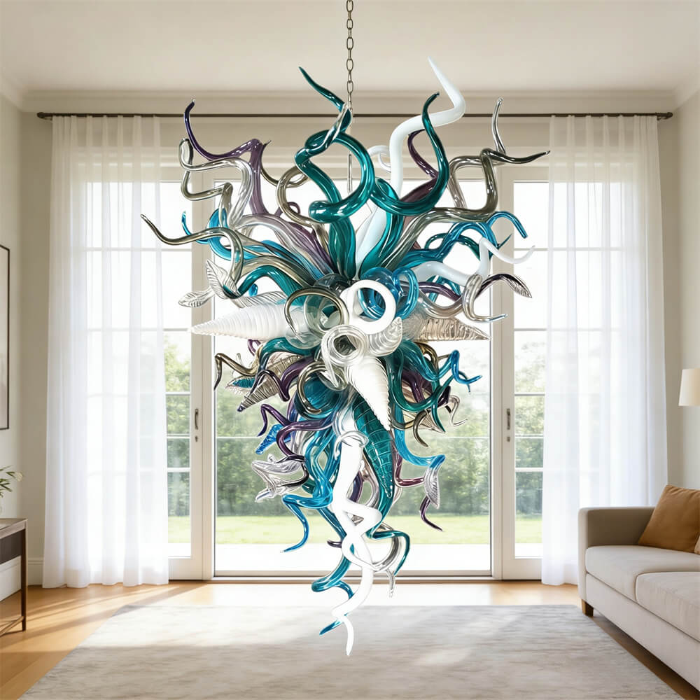 Chihuly style blown glass chandelier custom colors design