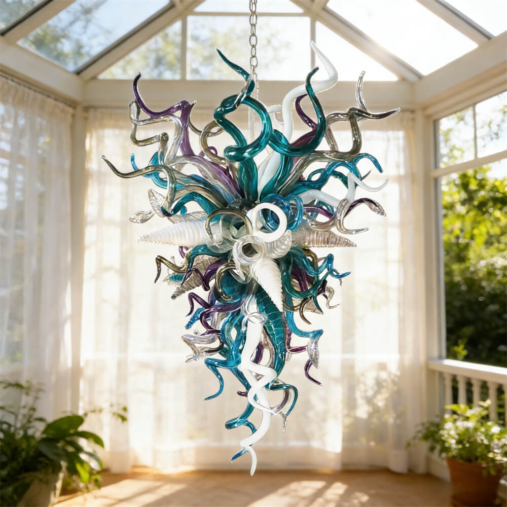 Chihuly style blown glass chandelier custom colors design