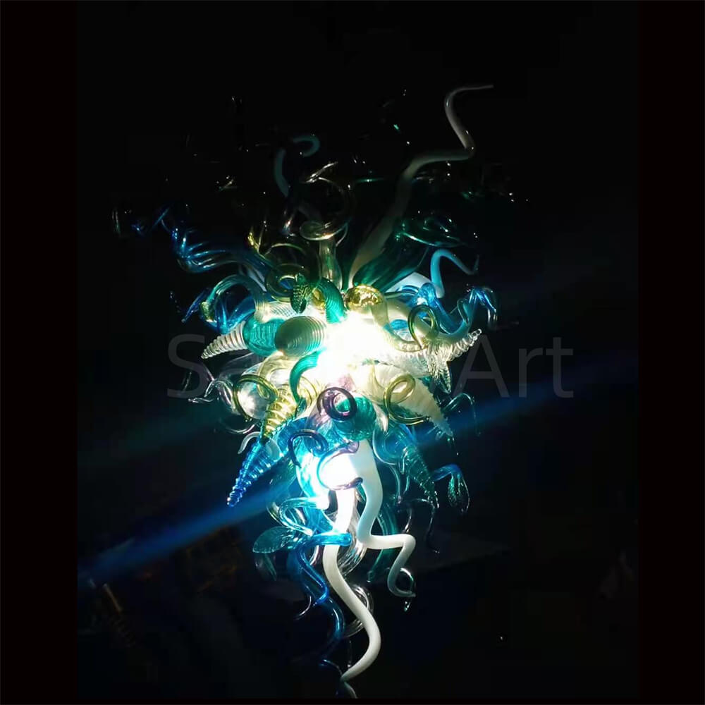 Chihuly style blown glass chandelier custom colors design