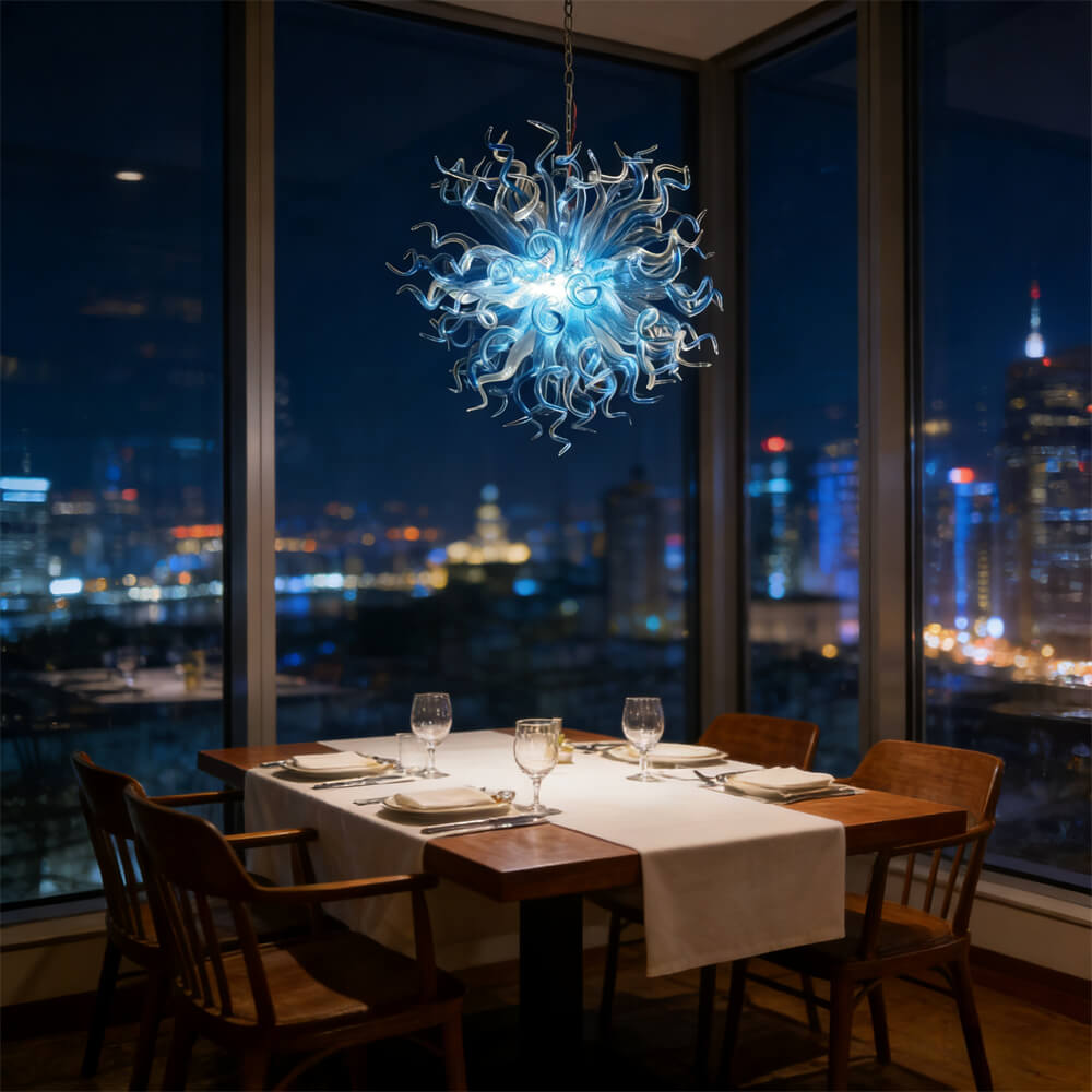 Blue gradient transparent handmade blown glass dining room light