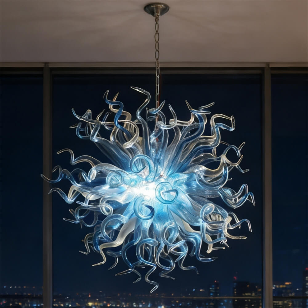 Blue gradient transparent handmade blown glass dining room light