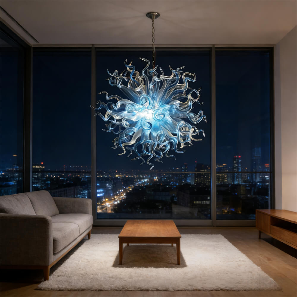 Blue gradient transparent handmade blown glass dining room light