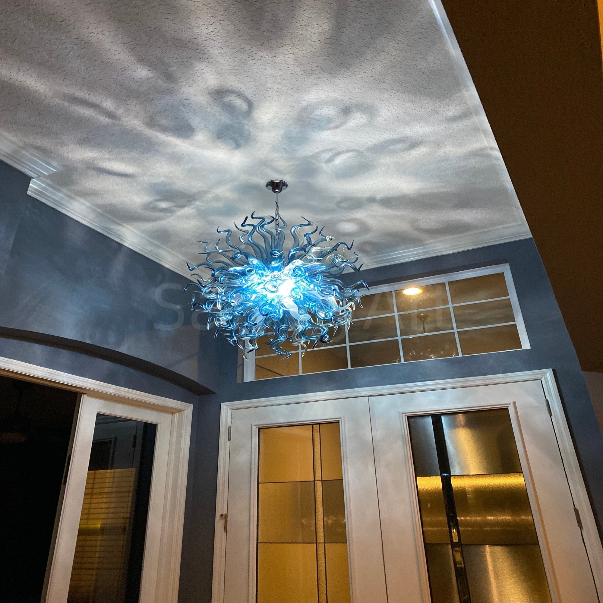 Blue gradient transparent handmade blown glass dining room light