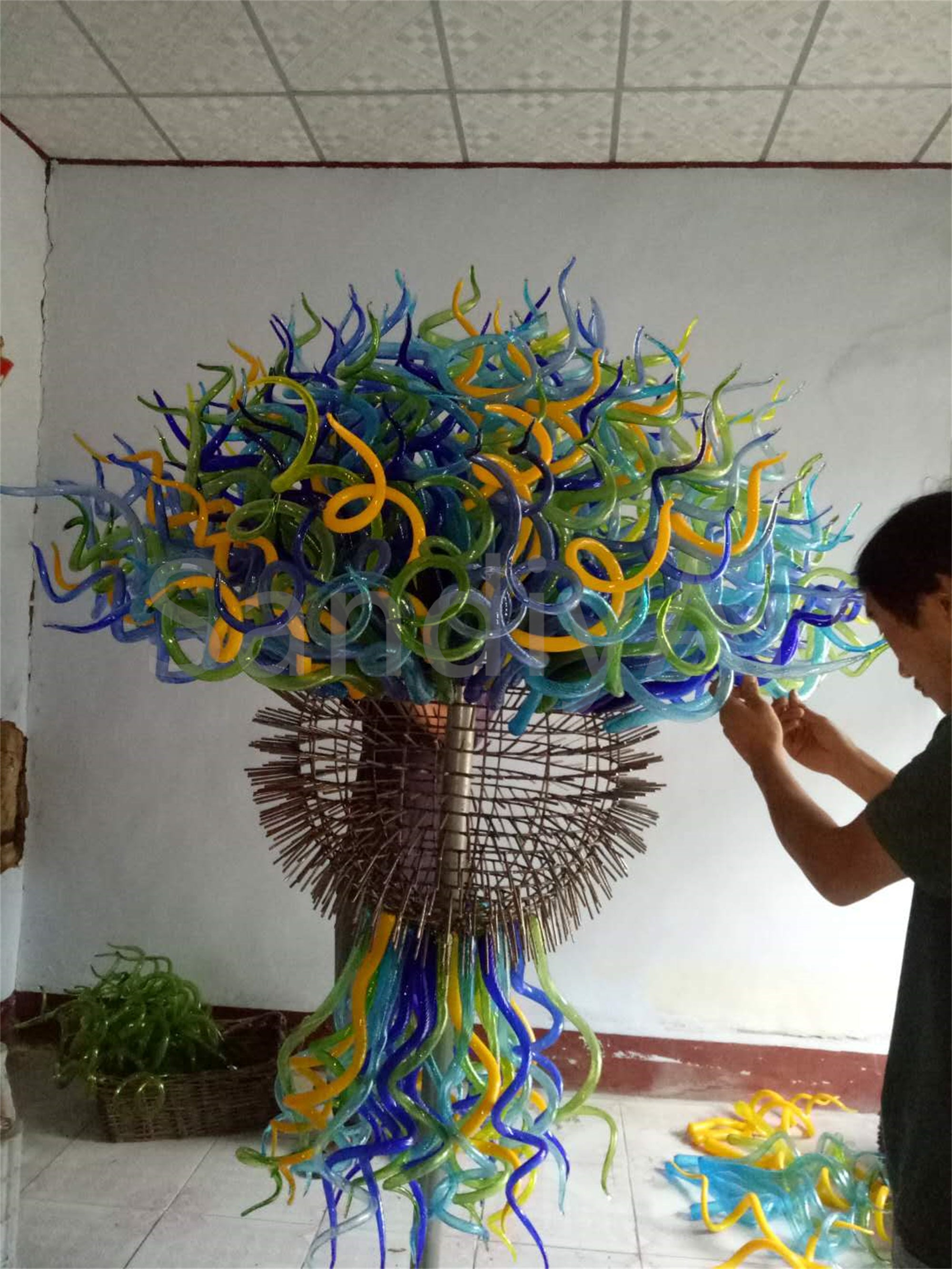 200cm big round multicolor chihuly style glass garden sculpture hand made design