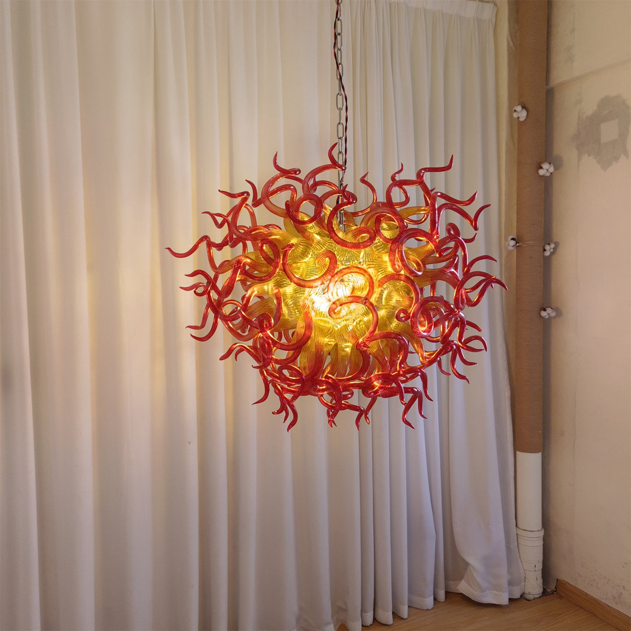 Orange to Amber Gradient hand made blown Art Deco chandelier spiral tendrils