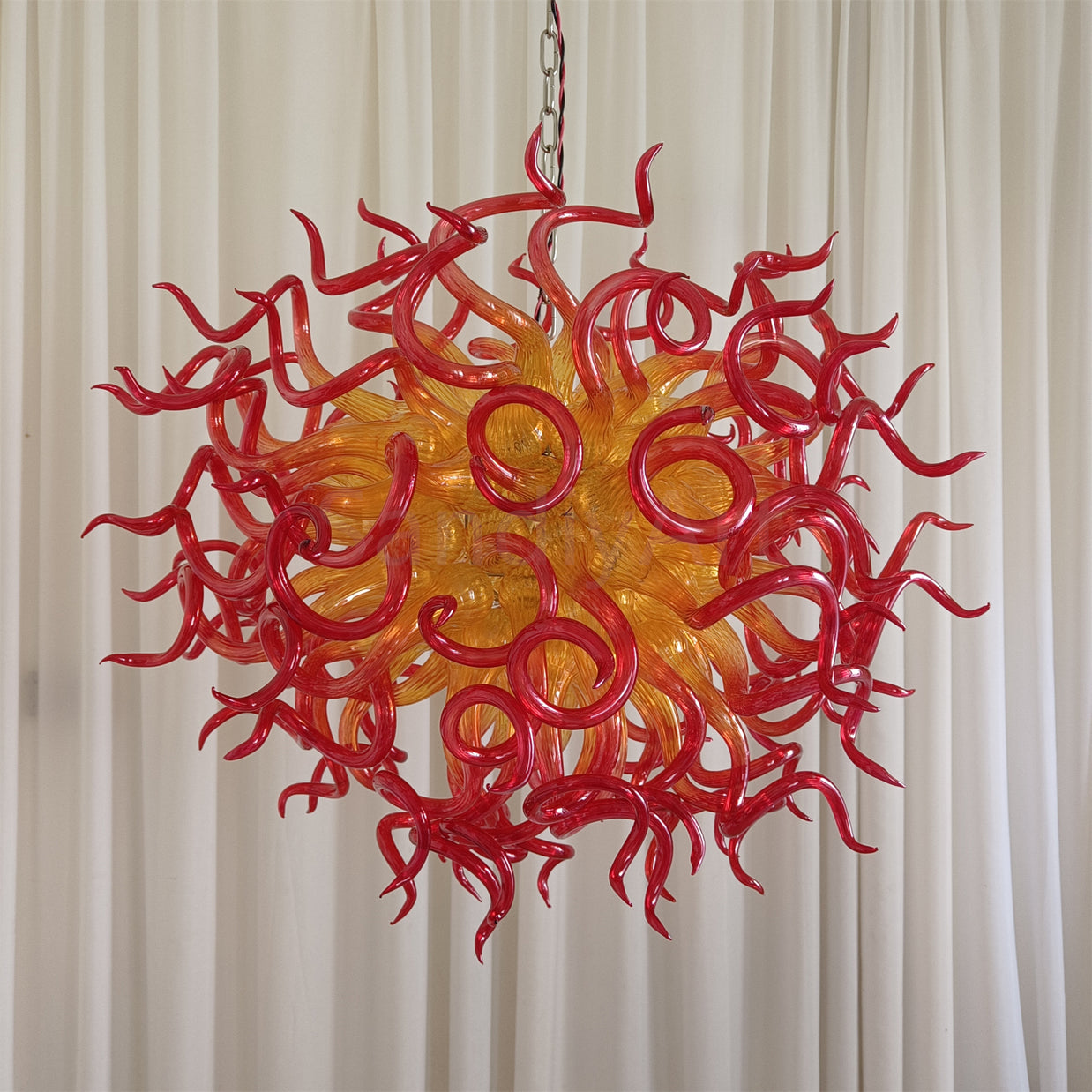 Orange to Amber Gradient hand made blown Art Deco chandelier spiral tendrils