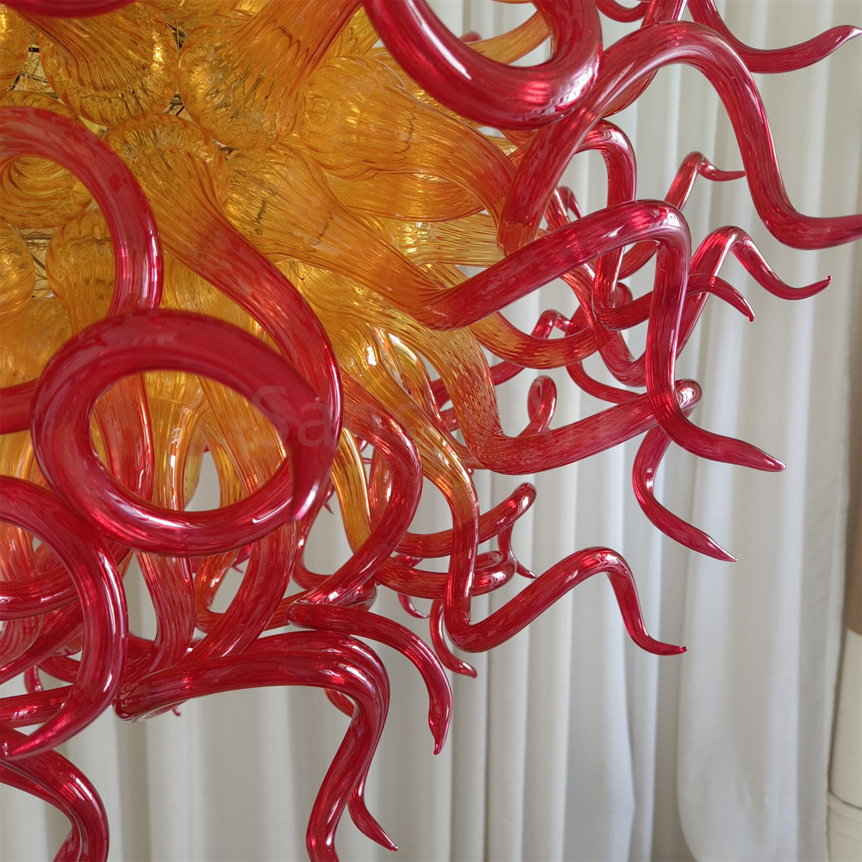 Orange to Amber Gradient hand made blown Art Deco chandelier spiral tendrils
