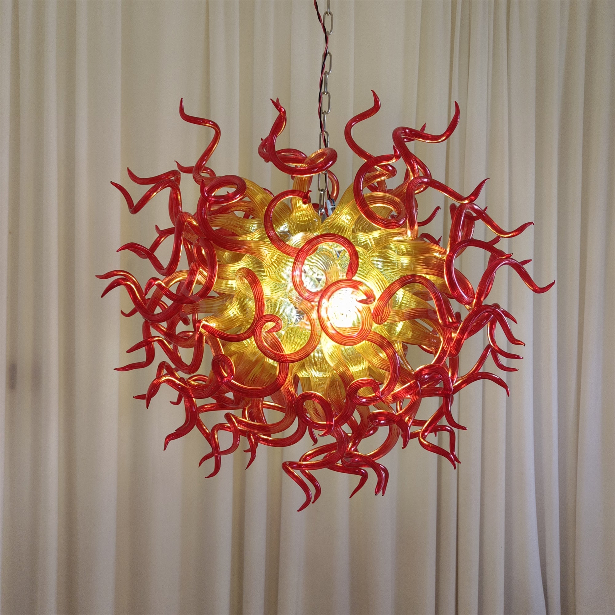 Orange to Amber Gradient hand made blown Art Deco chandelier spiral tendrils