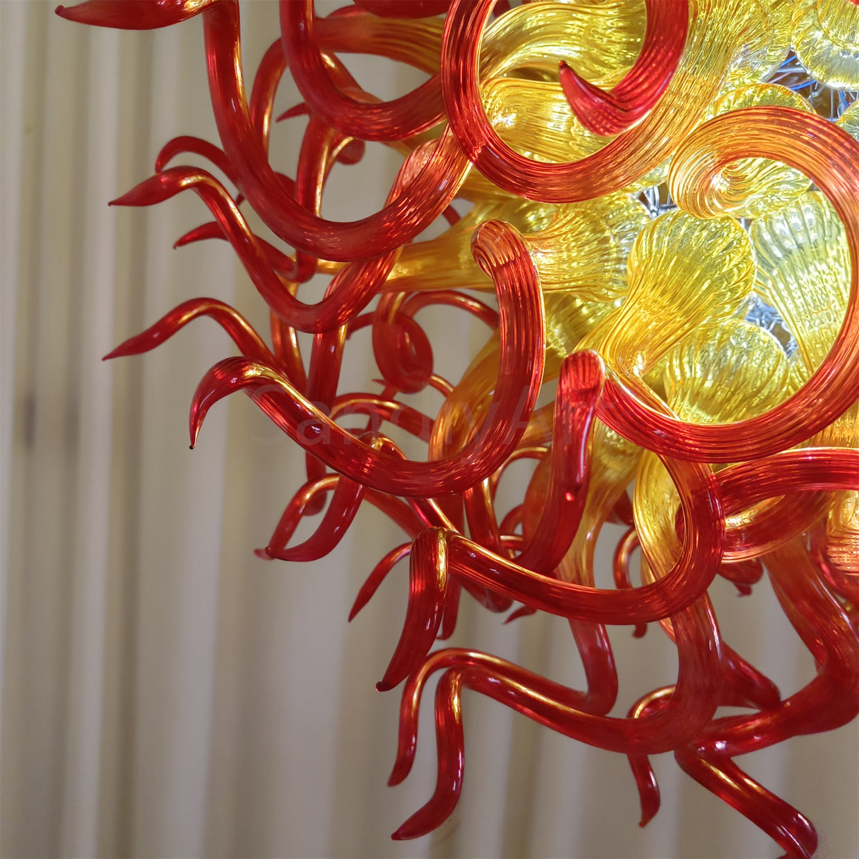 Orange to Amber Gradient hand made blown Art Deco chandelier spiral tendrils