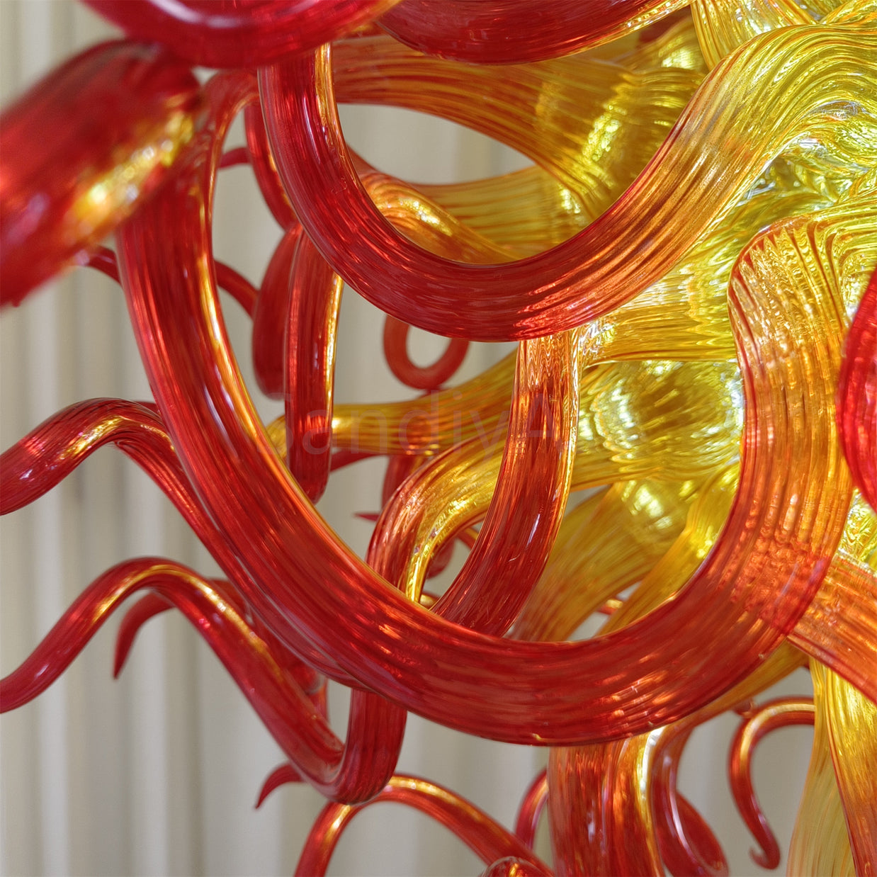 Orange to Amber Gradient hand made blown Art Deco chandelier spiral tendrils