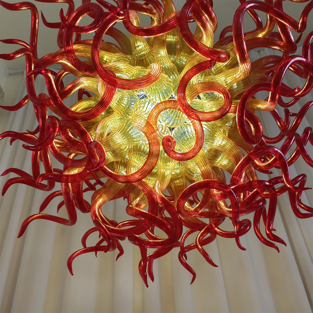 Orange to Amber Gradient hand made blown Art Deco chandelier spiral tendrils